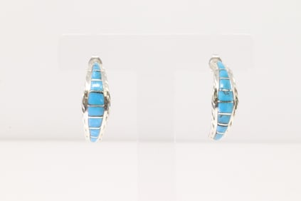 Native American Zuni Sterling Silver Turquoise Inlay Hoop Earring's By Malcolm Chavez.