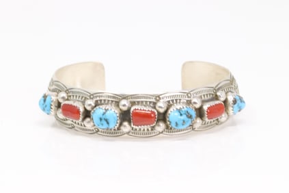 Native America Navajo Sterling Silver Turquoise Coral & Turquoise Bracelet Cuff By G.S.