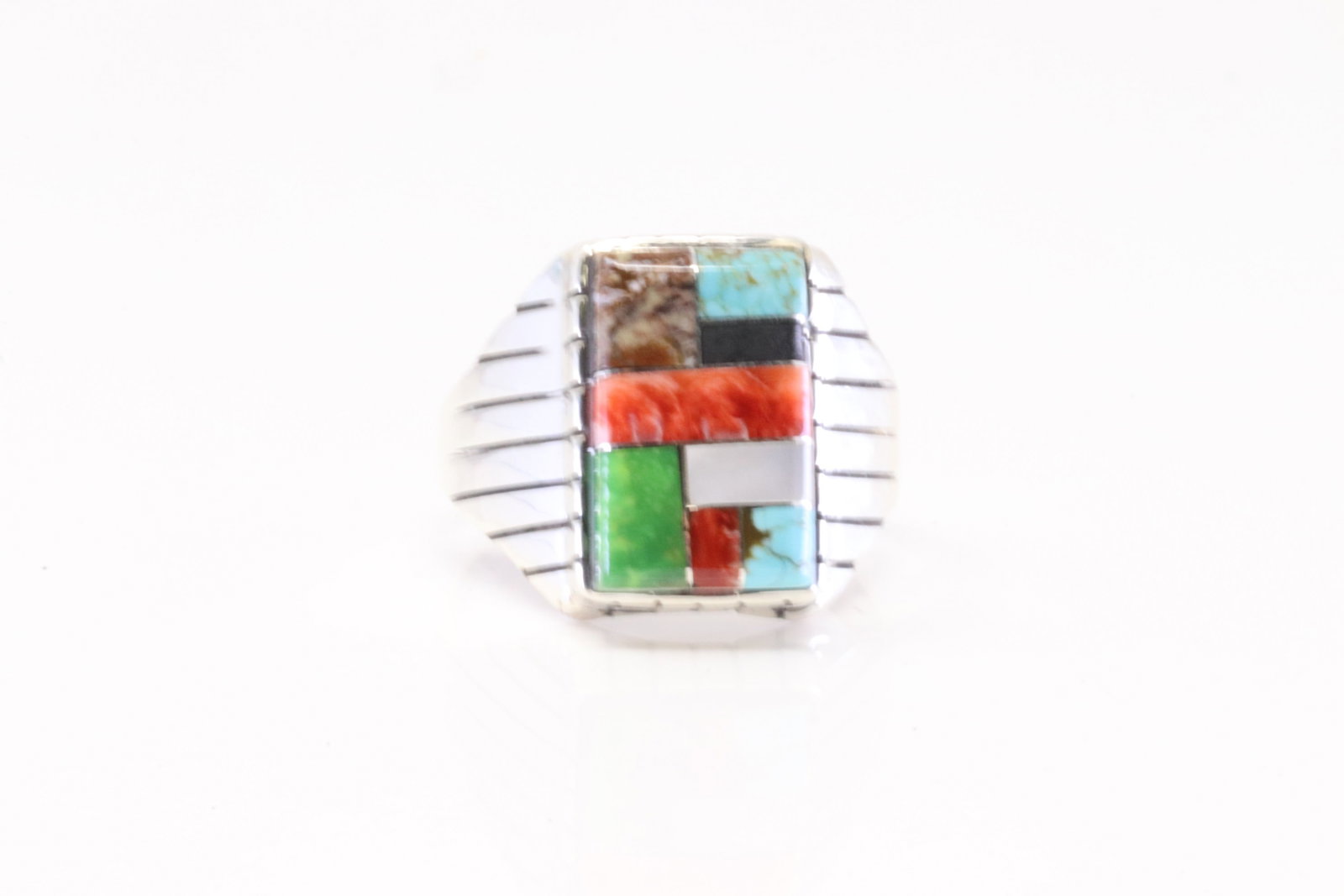 Native America Navajo Sterling Silver Multi-Color Stone Inlay Ring By R.: This is a Native America Navajo Sterling Silver Multi-Color Stone Inlay Ring By R. Ring size: 12..50.