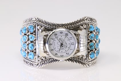 Native America Navajo Sterling Silver Turquoise Watch By Marlene Haley.