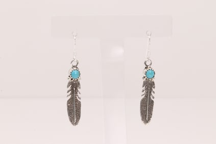 Native America Navajo Sterling Silver Turquoise Feather Dangling Earring's By Sharon McCarthy.