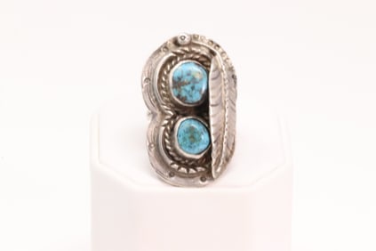 Native America Navajo Sterling Silver Turquoise Feather Cuff Ring.