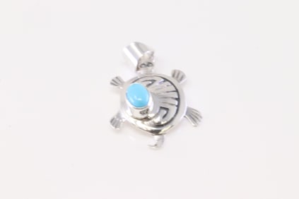 Native America Navajo Sterling Silver Turquoise Turtle Pendant E.K.