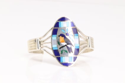 Native America Zuni Sterling Silver Multi-color Stone Inlay Bird Bracelet By Quam S.R.