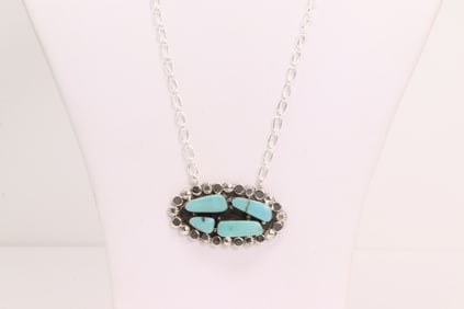 Native America Navajo Sterling Silver Turquoise Necklace By Sadie Jim.