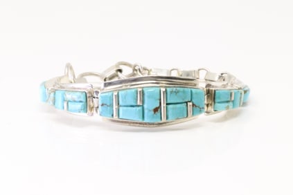 Native America Navajo Sterling Silver Turquoise Bracelet Link By E.A.T.