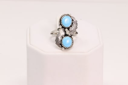 Native America Navajo Sterling Silver Turquoise Ring Feather Cuff.