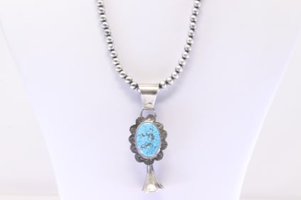 Native America Navajo Sterling Silver Turquoise Squash Blossom Pendant By Kee.J. With Pearl Beaded