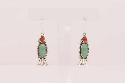 Native America Navajo Sterling Silver Coral & Turquoise Dangling Earring's By R.B.