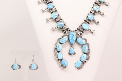 Native America Navajo Sterling Silver Kingman Turquoise Squash Blossom Necklace & Earring's Set By