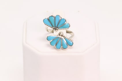 Native America Zuni Sterling Silver Turquoise Inlay Ring By R.V.N.