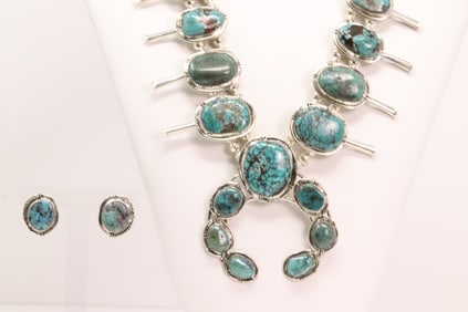 Native America Navajo Sterling Silver Turquoise  Squash Blossom Necklace & Earring's Set By P.