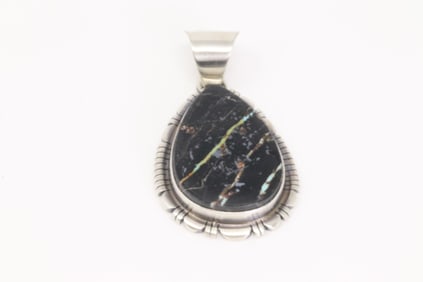 Native America Navajo Sterling Silver Black Jack Turquoise Pendant By T.F.