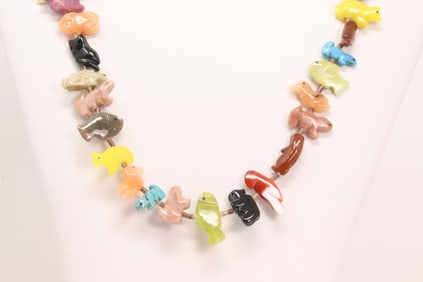 Native America Zuni Sterling Silver Multi-Color Stone Animal Carving & Heishi Necklace.