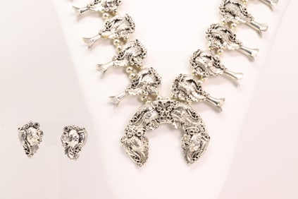 Native America Navajo Sterling Silver Flower Squash Blossom Necklace & Earring's Set By Harry