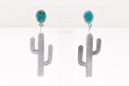 Native America Navajo Sterling Silver Turquoise Cactus Post / Dangling Earring's By Verley Betone.