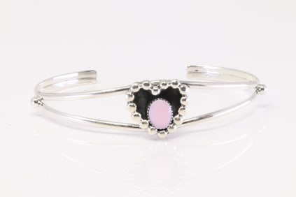 Native American Navajo Sterling Silver Pink Coch Shell Heart Bracelet Cuff By Marie Bahe.
