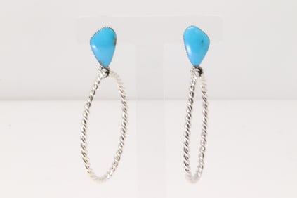 Native American Navajo Sterling Silver Turquoise Hoop Earring's By Jerome Lee.