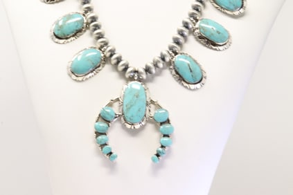 Native American Navajo Sterling Silver Turquoise Necklace By R.B.