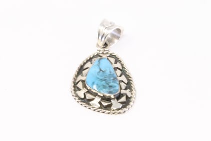 Native American Navajo Sterling Silver Turquoise Pendant By Charlene Yazzie.