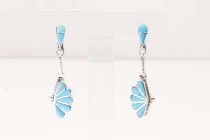 Native America Zuni Sterling Silver Turquoise Inlay Post / Dangling Earring's By Velda Nastacio.