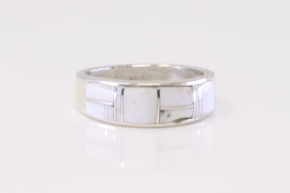 Native America Navajo Sterling Silver White Buffalo Inlay Ring By A.T.