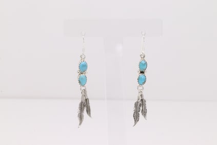 Native America Navajo Sterling Silver Turquoise Feather Dangling Earring's By Annie Spencer.