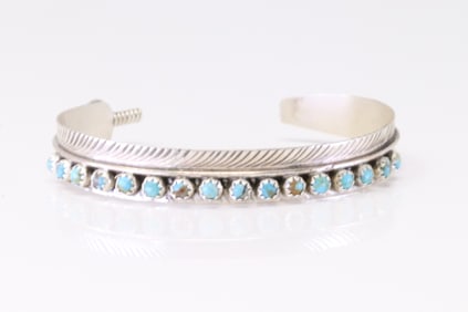 Native America Navajo Sterling Silver Turquoise Feather Bracelet Cuff By Aaron Davis.