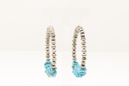 Native America Navajo Sterling Silver Turquoise / Pearl Beaded Hoop Dangling Earring's By Lucinda