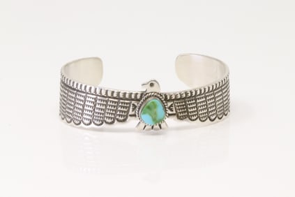 Native America Navajo Sterling Silver Sonora Gold Turquoise Thunderbird Bracelet Darrell Cadman.