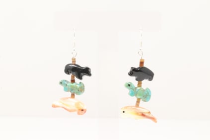 Native America Zuni Sterling Silver Multi-Color Gems Fetish Carved Dangling Earring's.