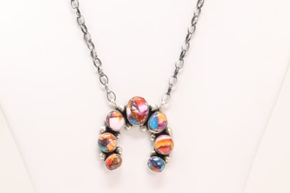 Native America Navajo Sterling Silver Turquoise Compressed Naja Necklace By Augustine Largo.