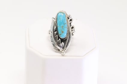 Native America Navajo Sterling Silver Turquoise Feather Cuff Ring By Andrew Vandever.
