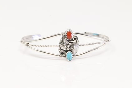 Native America Navajo Sterling Silver Coral & Turquoise Bracelet Cuff By Jerryson Henio.