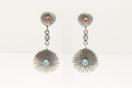 Native America Navajo Sterling Silver Coral & Turquoise Post / Dangling Earring's By Verley Betone.