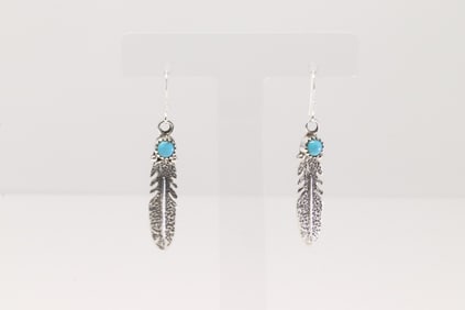 Native America Navajo Sterling Silver Feather Turquoise Dangling Earring's By Sharon McCarthy.