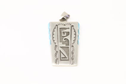 Native America Navajo Sterling Silver Turquoise Design Pendant By L.J.