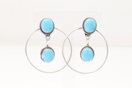 Native America Navajo Sterling Silver Kingman Turquoise Hoop Earring's By Judith Dixon.