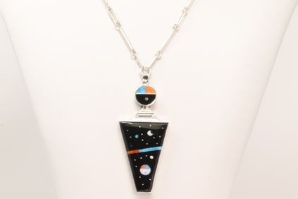 Native America Navajo Sterling Silver Night Sky Multi-Color Inlay Necklace By H.Smith.