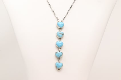 Native America Navajo Sterling Silver Kingman Turquoise Heart Necklace By Freida Martinez.