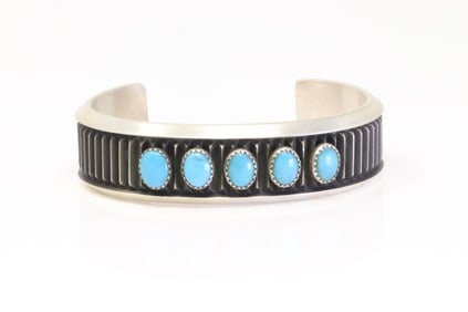 Native America Navajo Sterling Silver Turquoise Bracelet Cuff By L.Tahe.