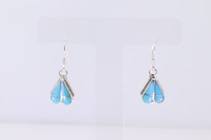 Native America Zuni Sterling Silver Turquoise Inlay Heart Dandling Earring's By Vaelda Nastacio.