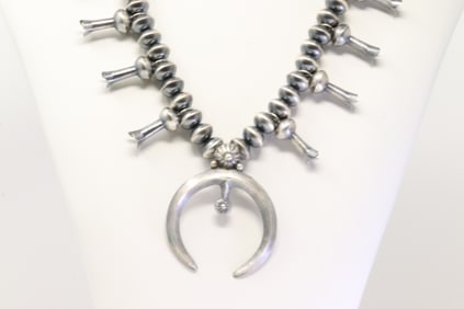 Native America Navajo Sterling Silver Pearl Beaded Squash Blossom Necklace By Presley Haley.