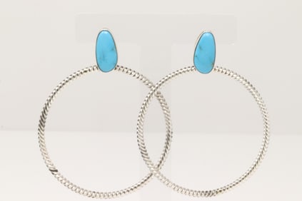 Native America Navajo Sterling Silver Turquoise Hoop Earring's By Verley Betone.