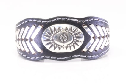 Native America Navajo Sterling Silver Leather Bracelet Cuff By Frank Armstrong.