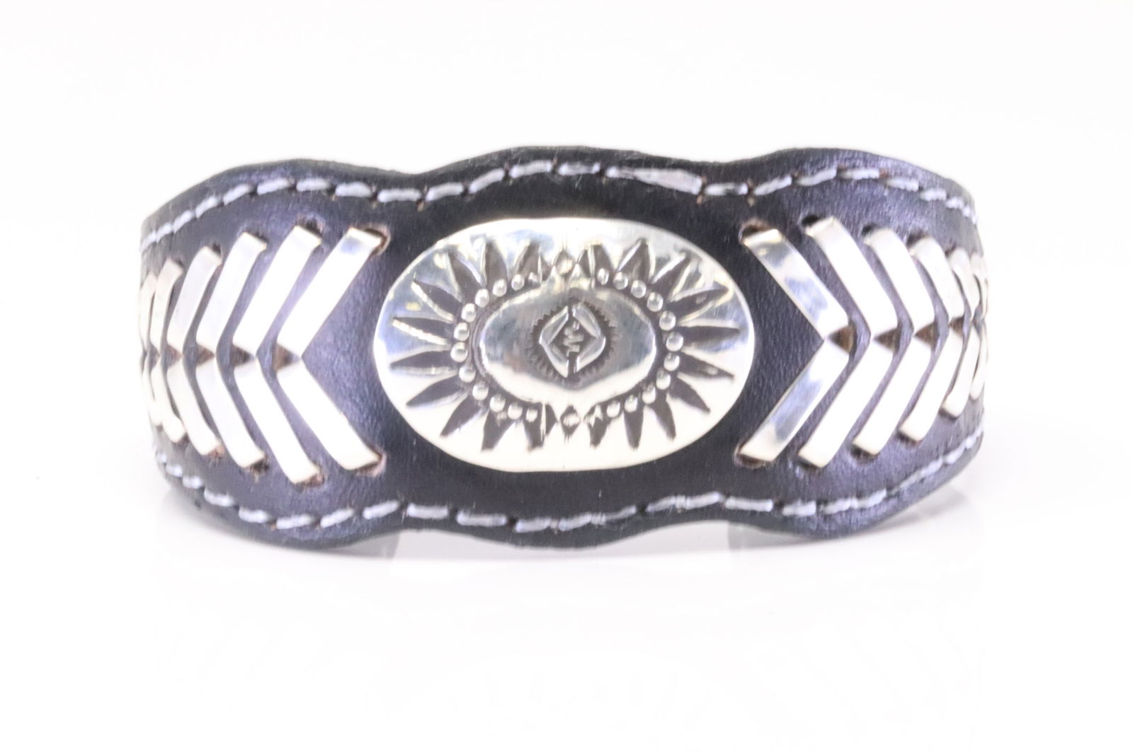 Native America Navajo Sterling Silver Leather Bracelet Cuff By Frank Armstrong. (1 of 4)