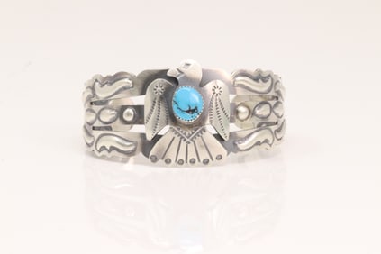Native America Navajo Sterling Silver Turquoise Thunderbird Bracelet Cuff By Tim Yazzie.