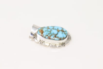 Native America Navajo Sterling Silver Kingman Turquoise Pendant By N.J.