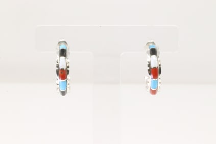 Native America Zuni Sterling Silver Multi-Color Stone Inlay Hoop Earring's By Sheldon Lilo.