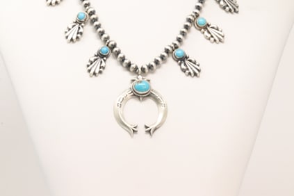 Native America Navajo Sterling Silver Turquoise Necklace By Bobby Platero.